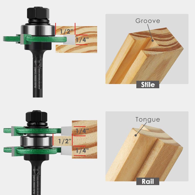 KOWOOD Pro Tongue and Groove Set of 2 Pieces 1/4 Inch Shank Router Bit Set 3 Teeth Adjustable T Shape Wood Milling Cutter - Image 3